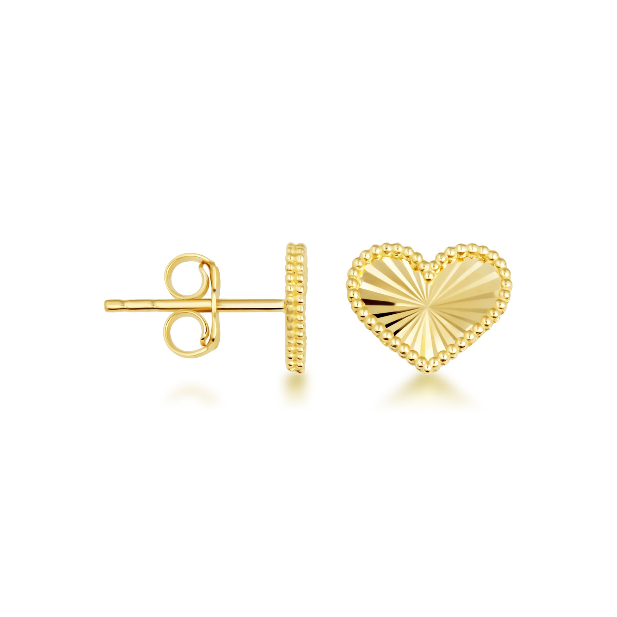 14K Gold Diamond Cut Heart Milgrain Stud Earrings
