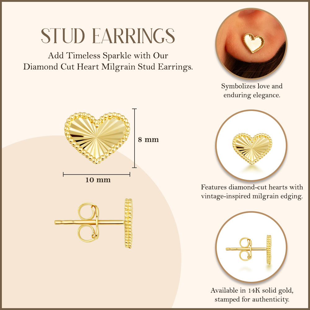 14K Gold Diamond Cut Heart Milgrain Stud Earrings, view 3