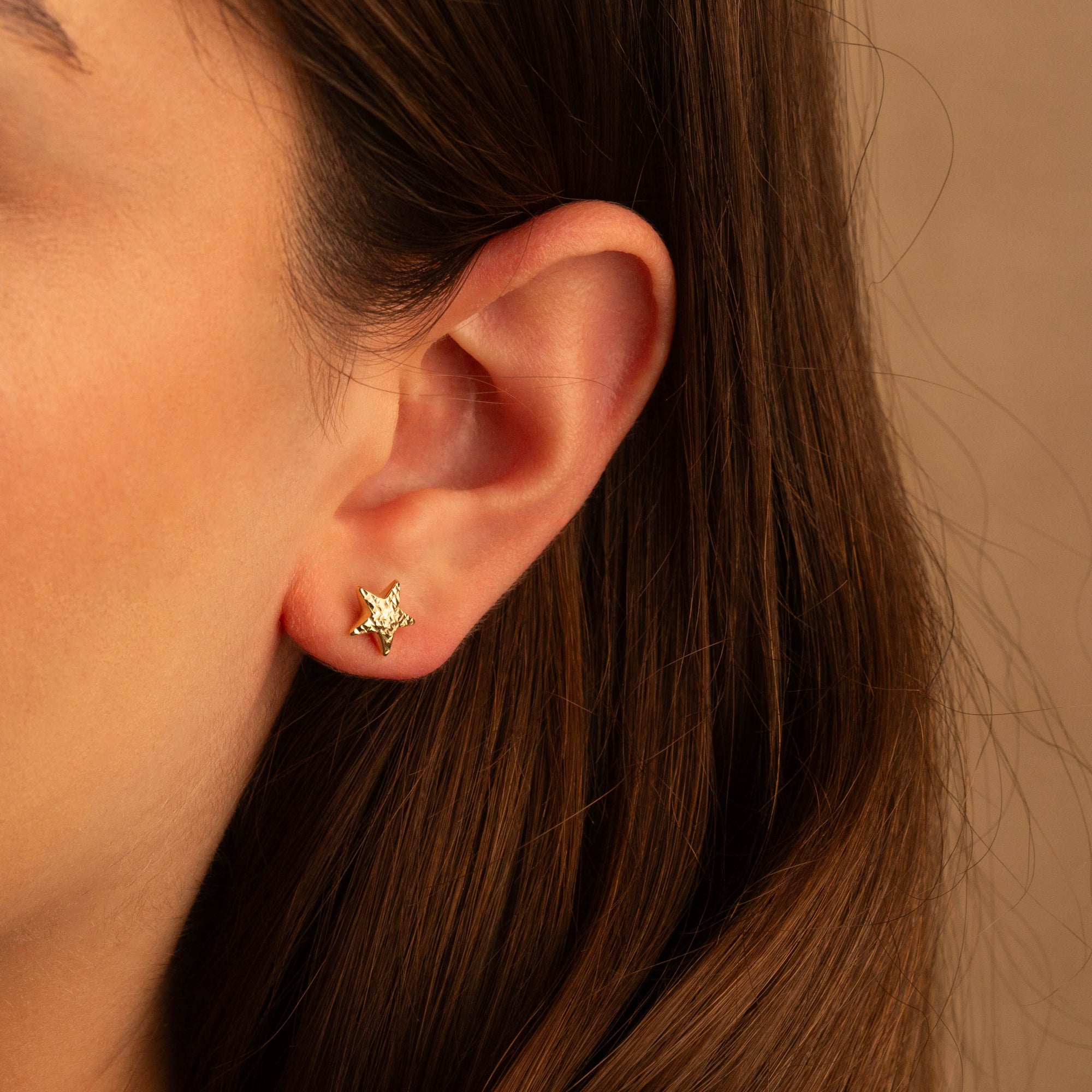 14K Gold Diamond Cut Star Stud Earrings, view 2