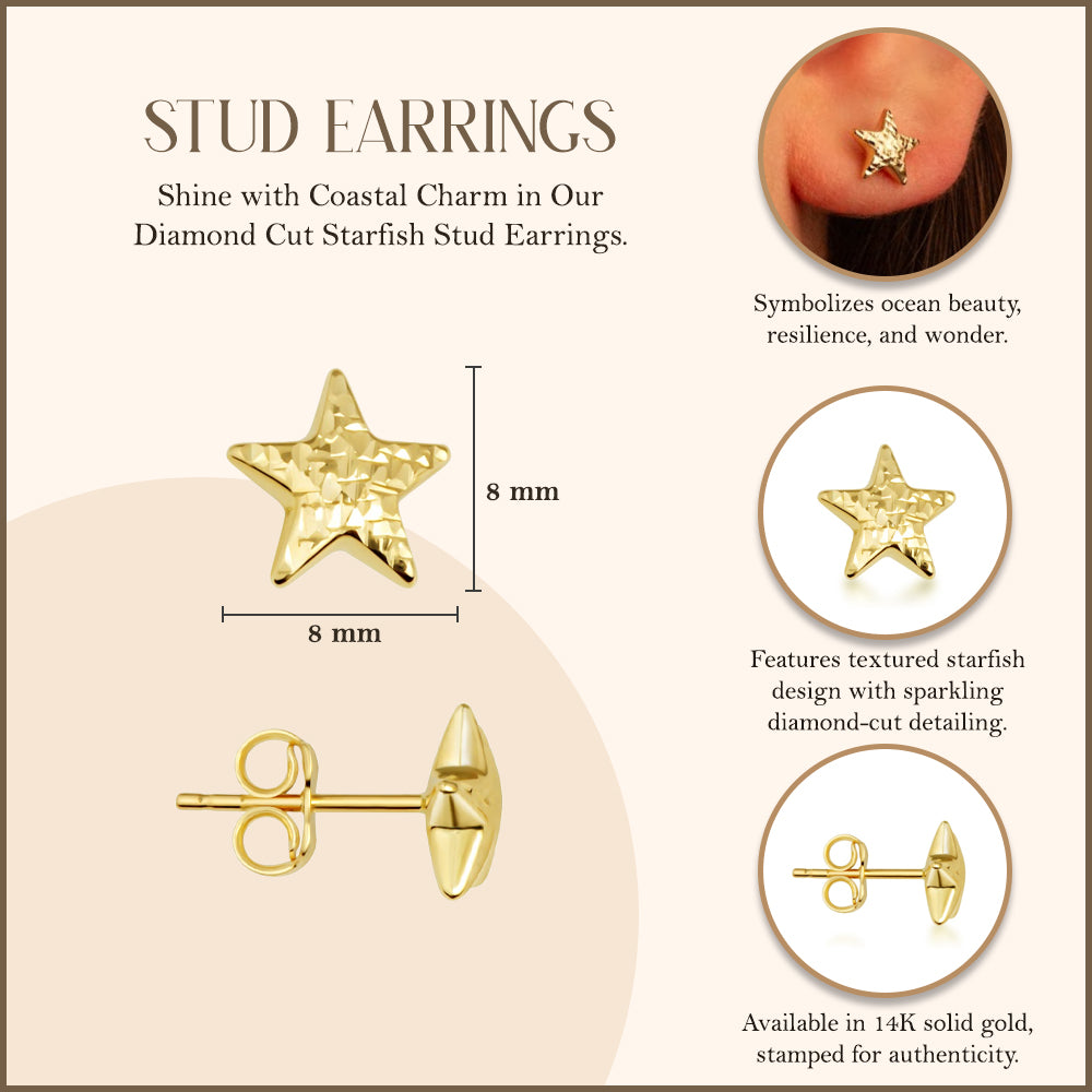 14K Gold Diamond Cut Star Stud Earrings, view 3