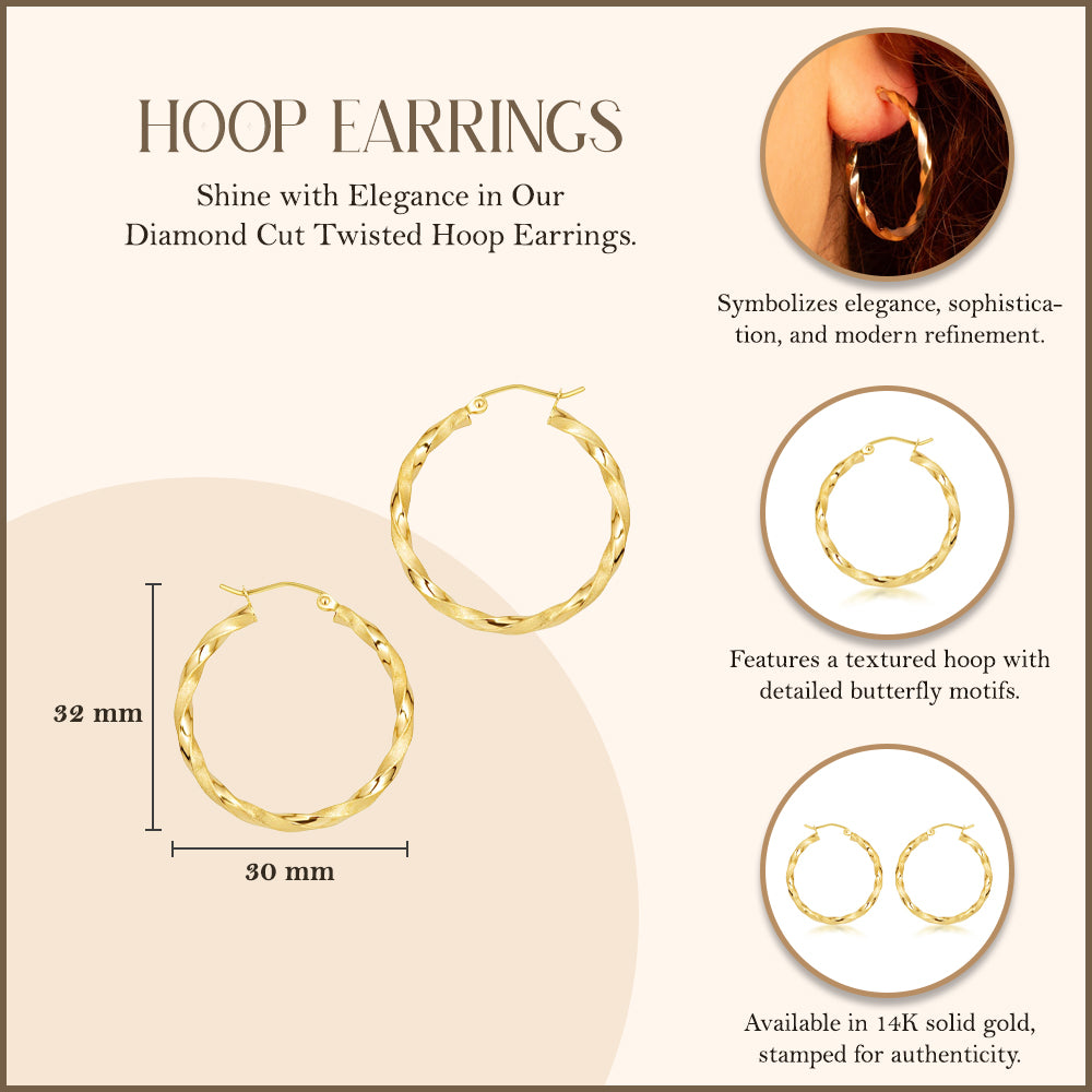 14K Gold Diamond Cut Twisted Hoop Earrings, view 3
