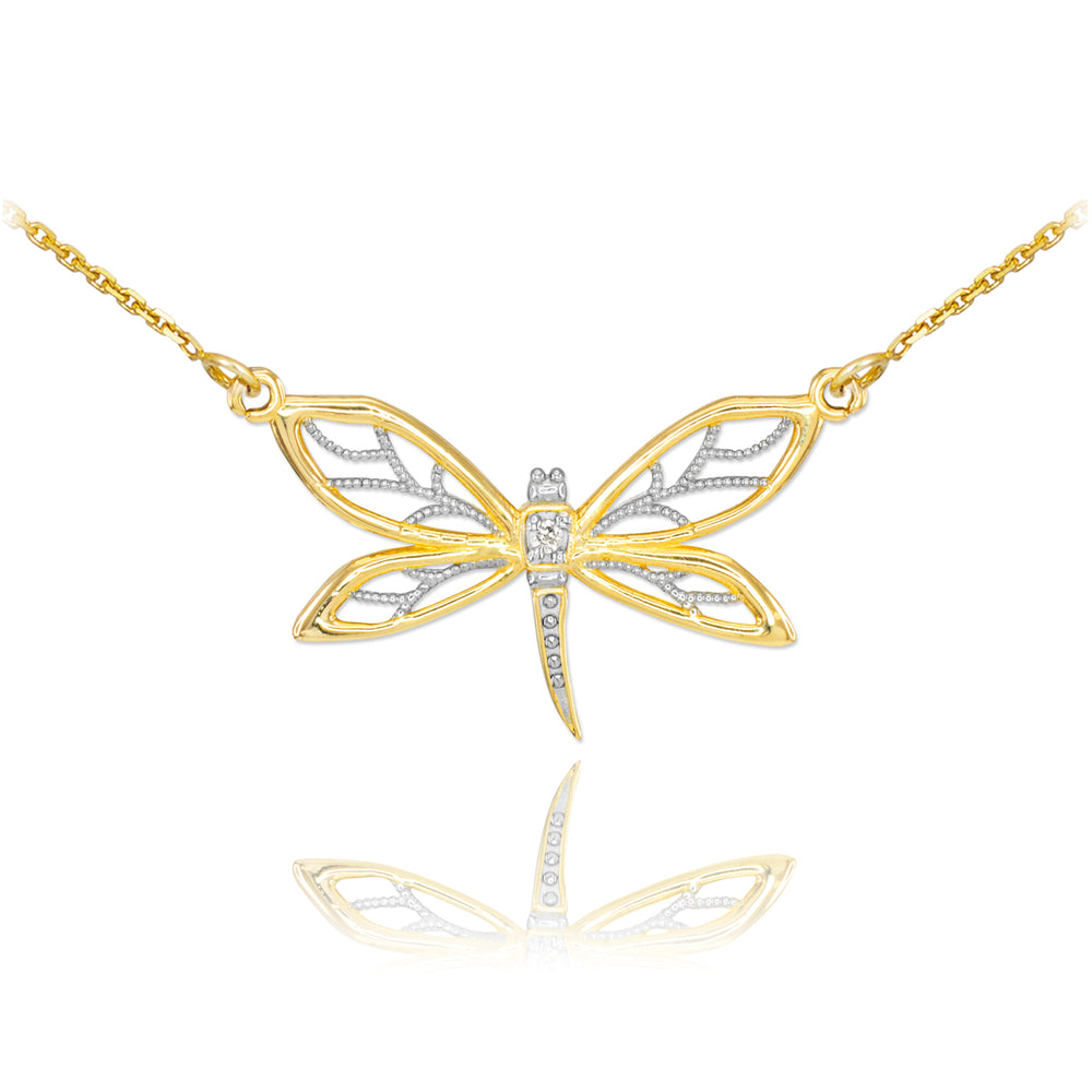 14K Gold Diamond Dragonfly Filigree Necklace