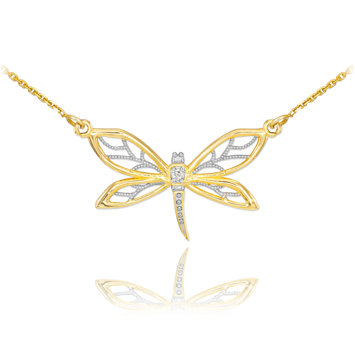 14K Gold Diamond Dragonfly Filigree Necklace