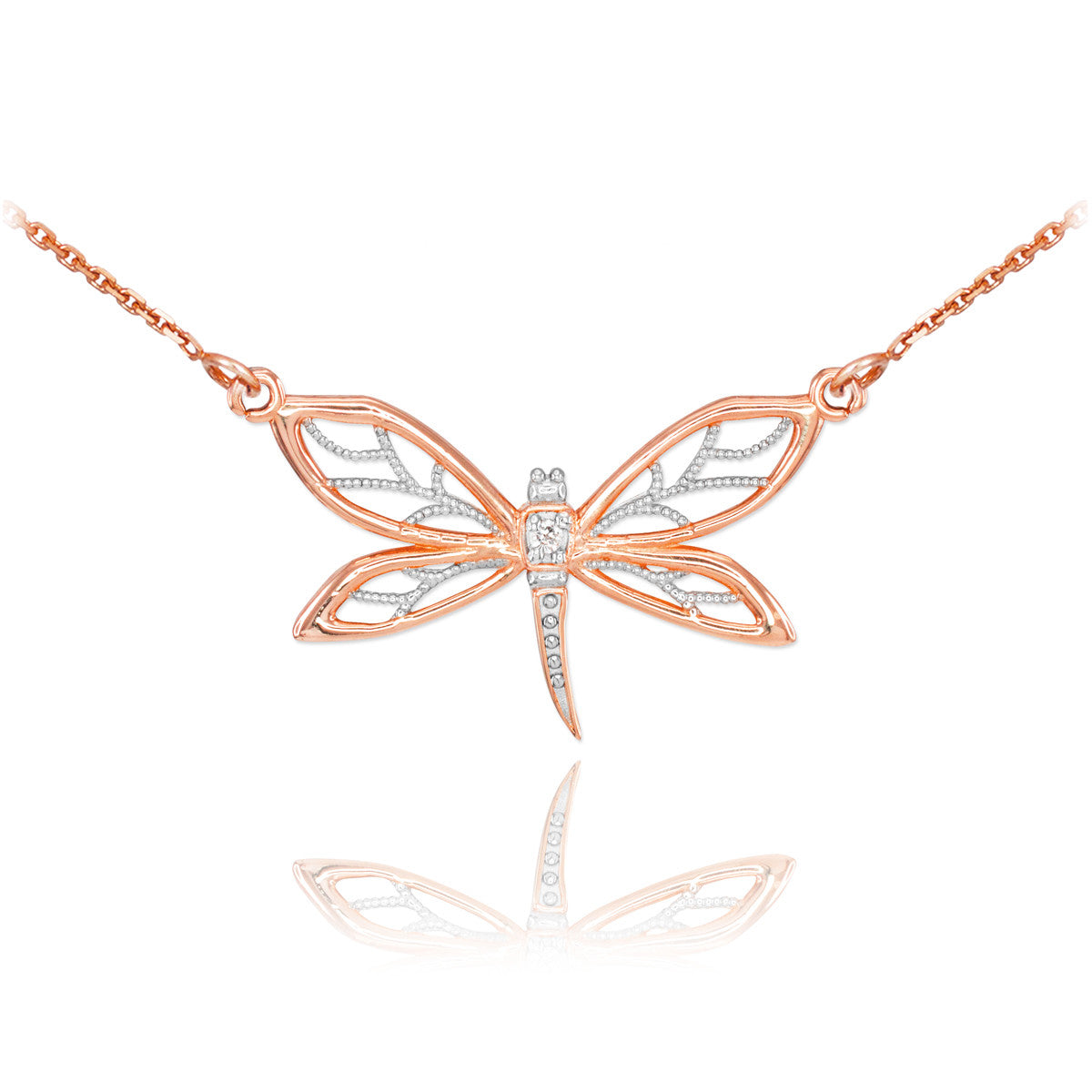14K Gold Diamond Dragonfly Filigree Necklace, view 2