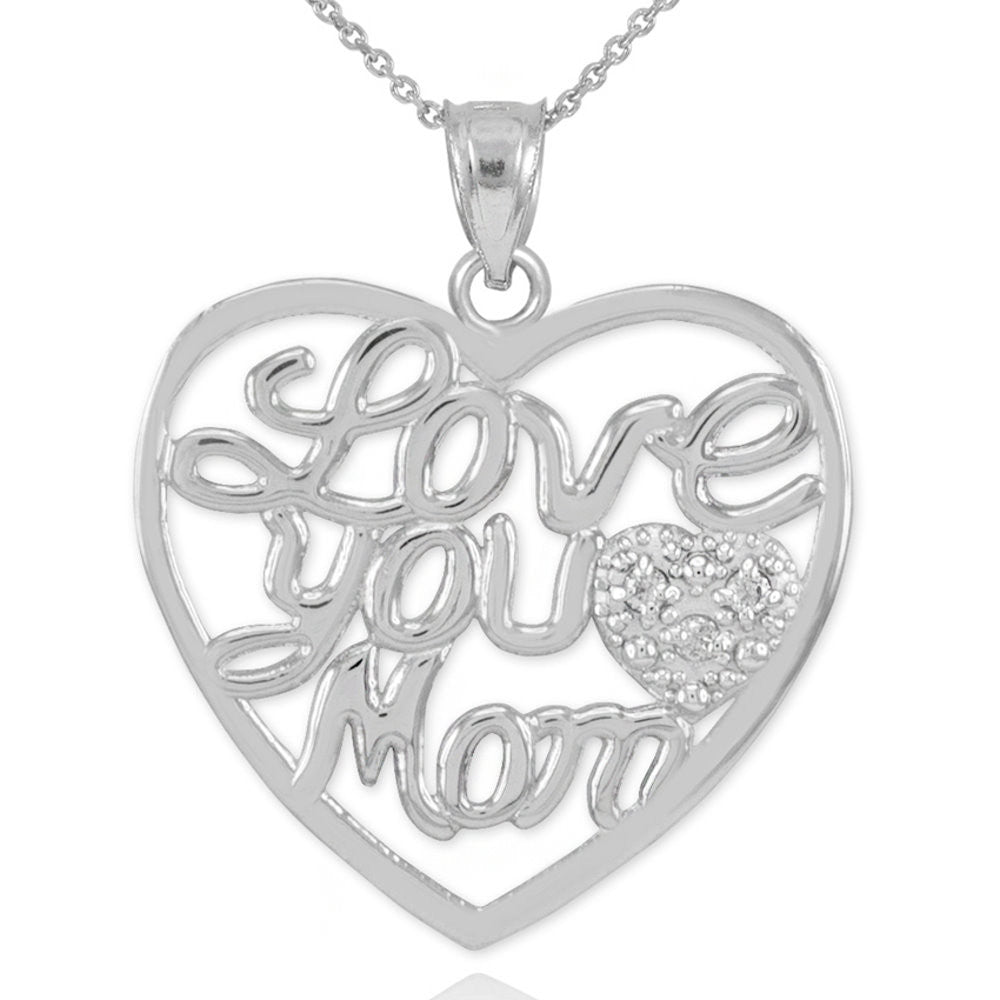 14K Gold Diamond Pave Heart "Love You Mom" Pendant Necklace, view 4