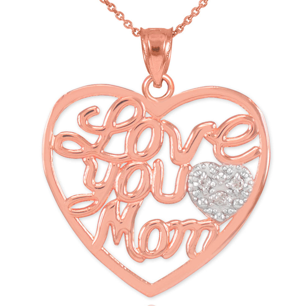 14K Gold Diamond Pave Heart "Love You Mom" Pendant Necklace, view 6