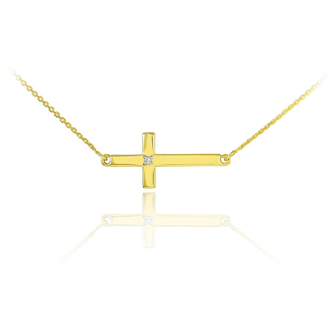 14K Gold Diamond Religious Sideways Cross Pendant Necklace