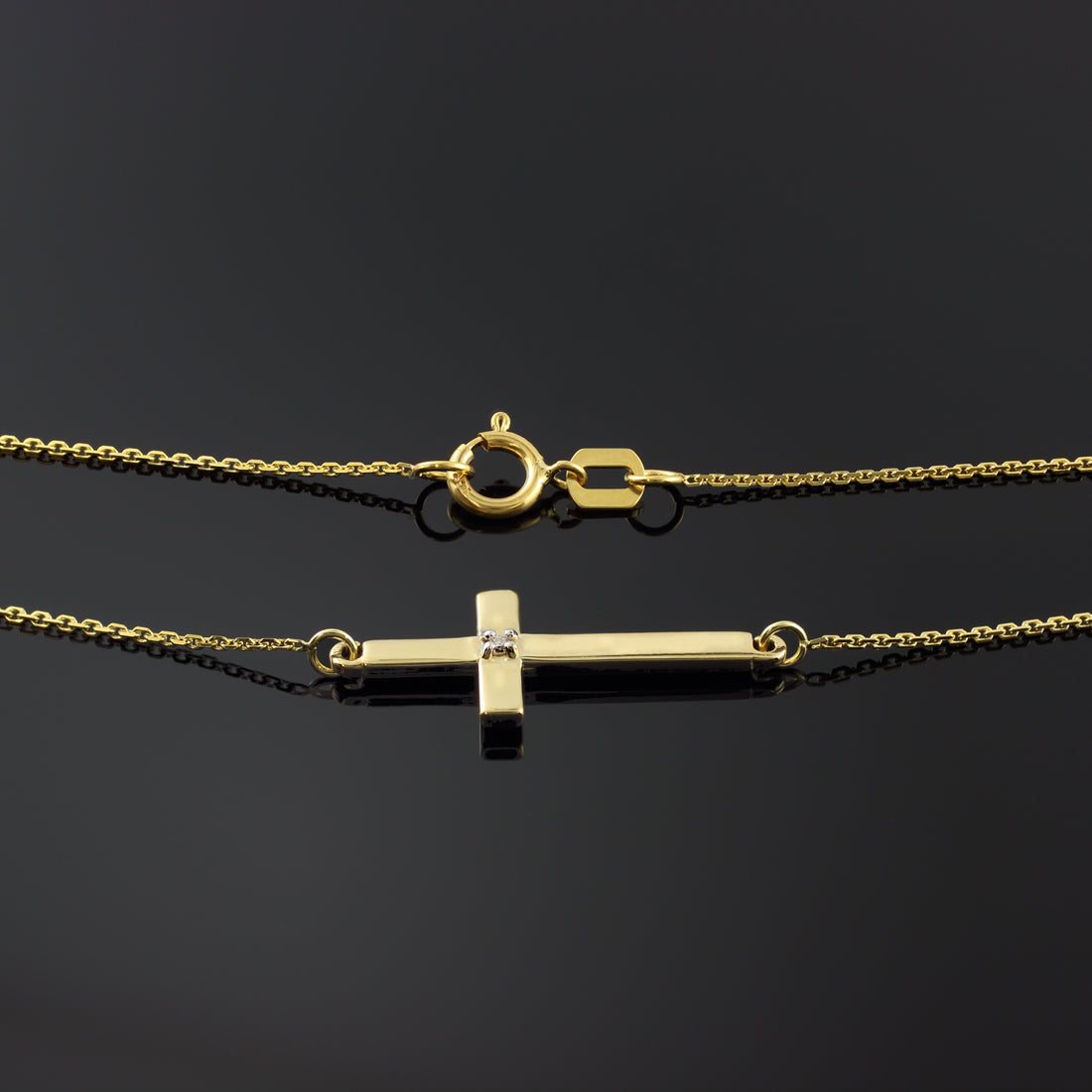 14K Gold Diamond Religious Sideways Cross Pendant Necklace, view 2
