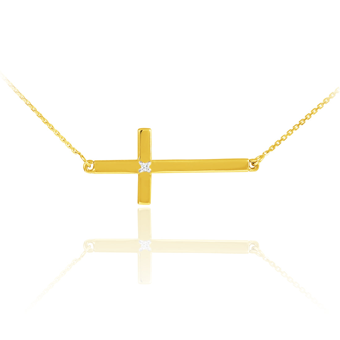 14K Gold Diamond Sideways Cross Faith Pendant Necklace