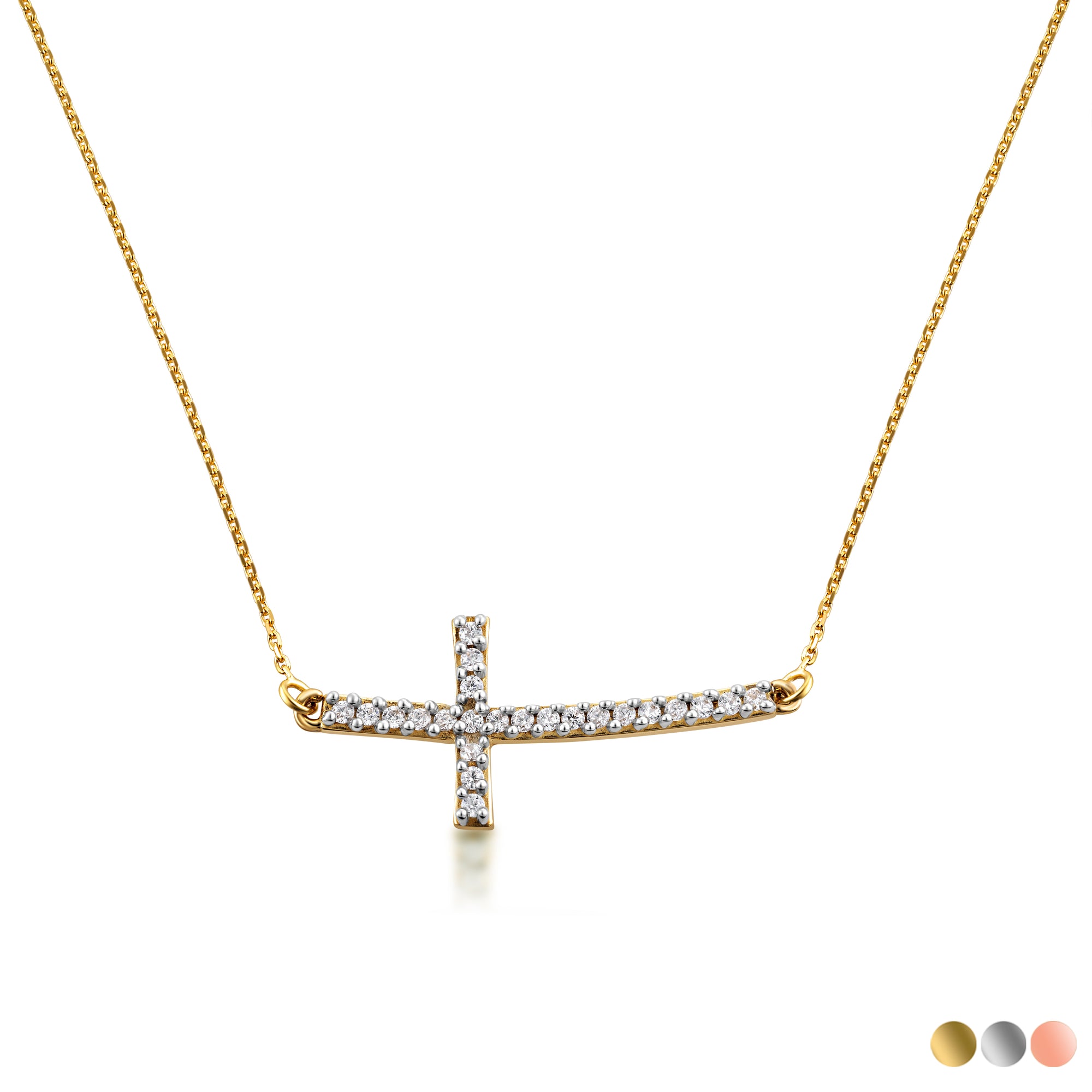 14K Gold Diamond Sideways Cross Pendant Necklace — Height: 1
