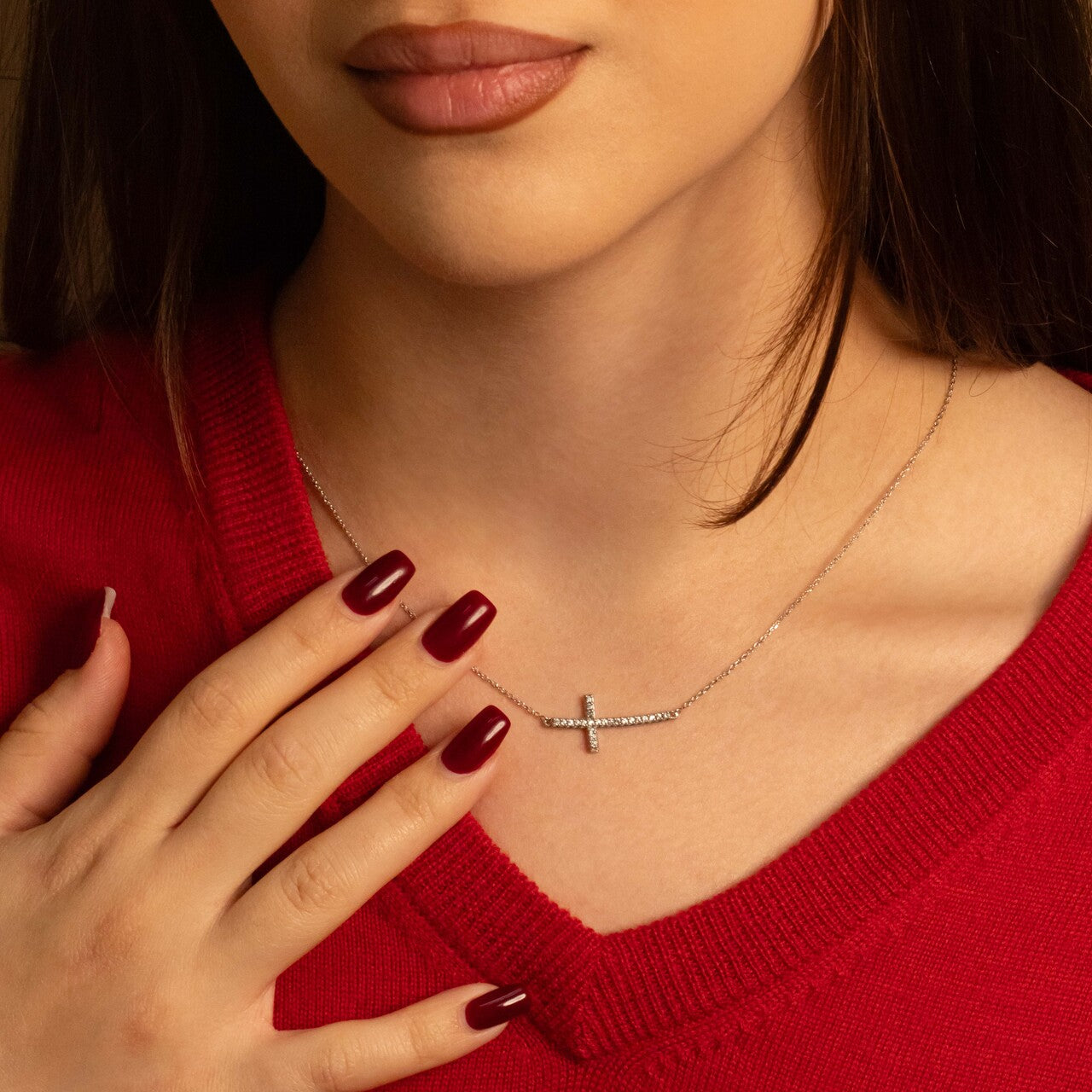 14K Gold Diamond Sideways Cross Pendant Necklace — Height: 1, view 2