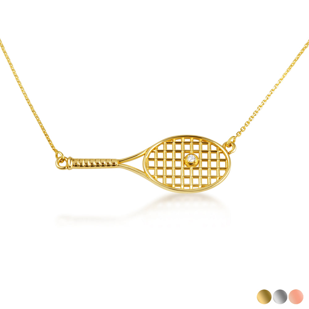 14K Gold Diamond Tennis Racket Sports Pendant Necklace
