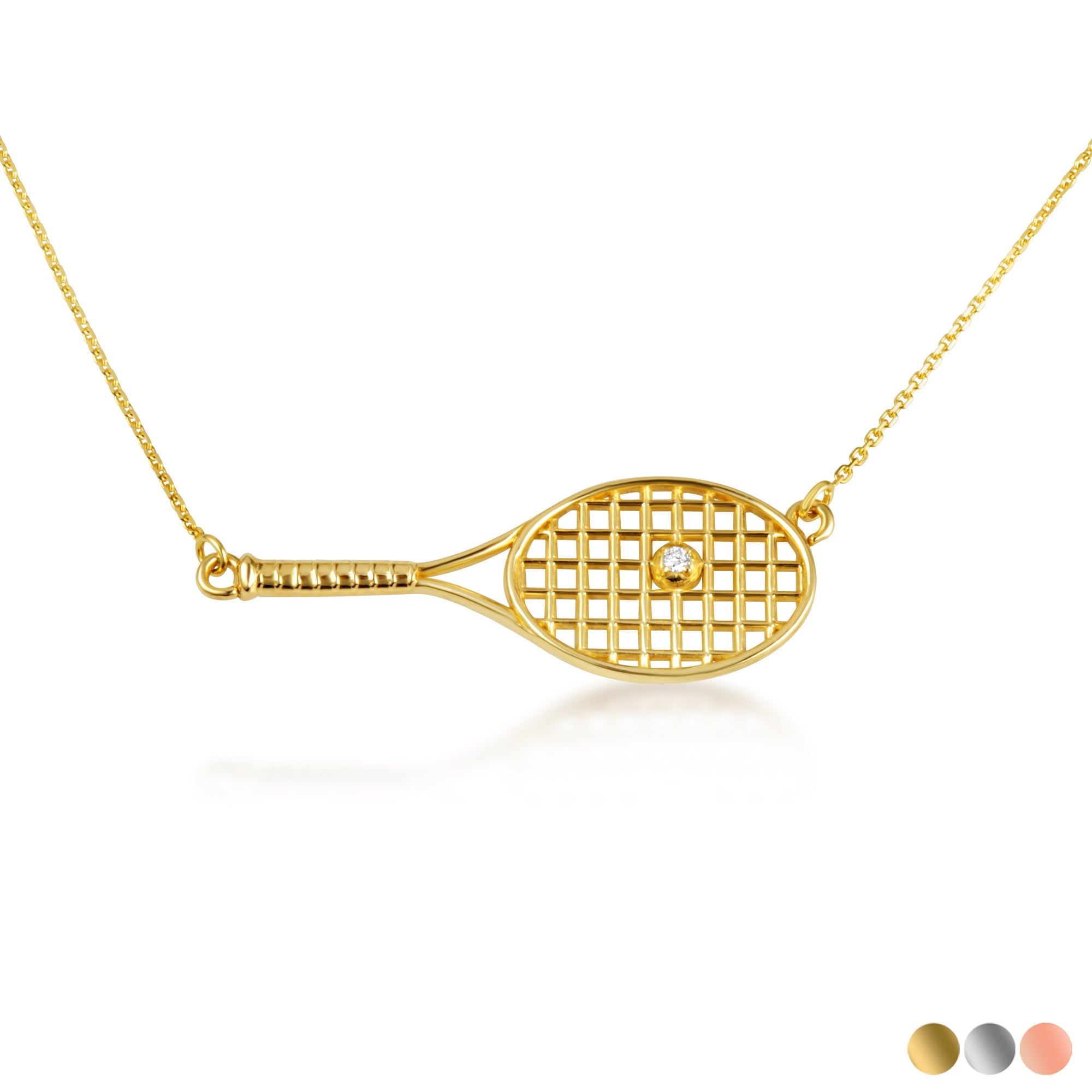 14K Gold Diamond Tennis Racket Sports Pendant Necklace