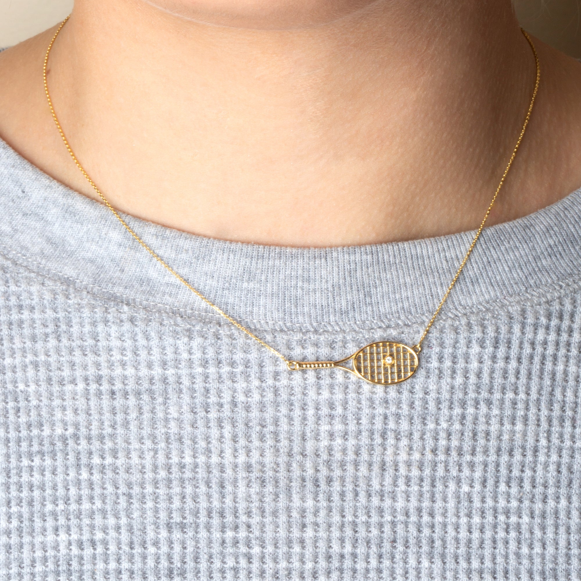 14K Gold Diamond Tennis Racket Sports Pendant Necklace, view 2