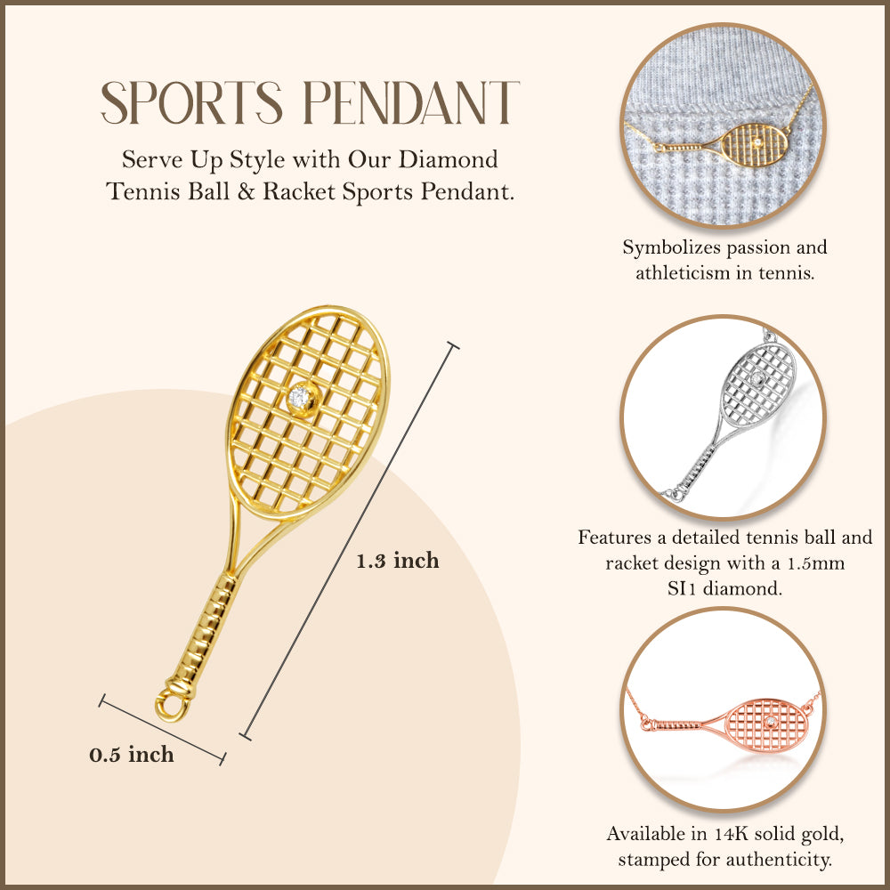 14K Gold Diamond Tennis Racket Sports Pendant Necklace, view 3