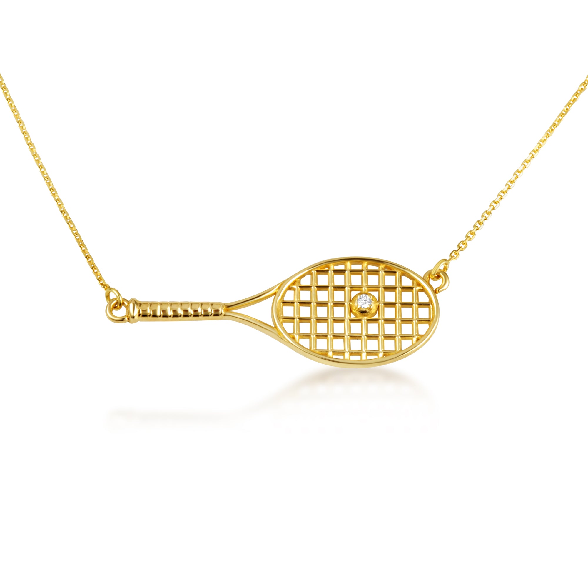 14K Gold Diamond Tennis Racket Sports Pendant Necklace, view 6