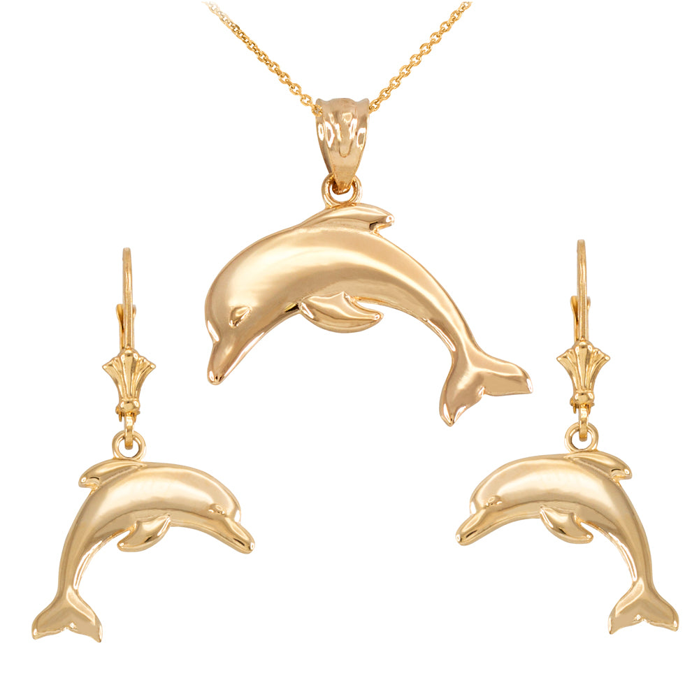 14K Gold Dolphin Necklace Earring Set