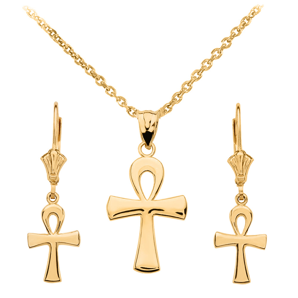 14K Gold Egyptian Ankh Polished Necklace Earring Set
