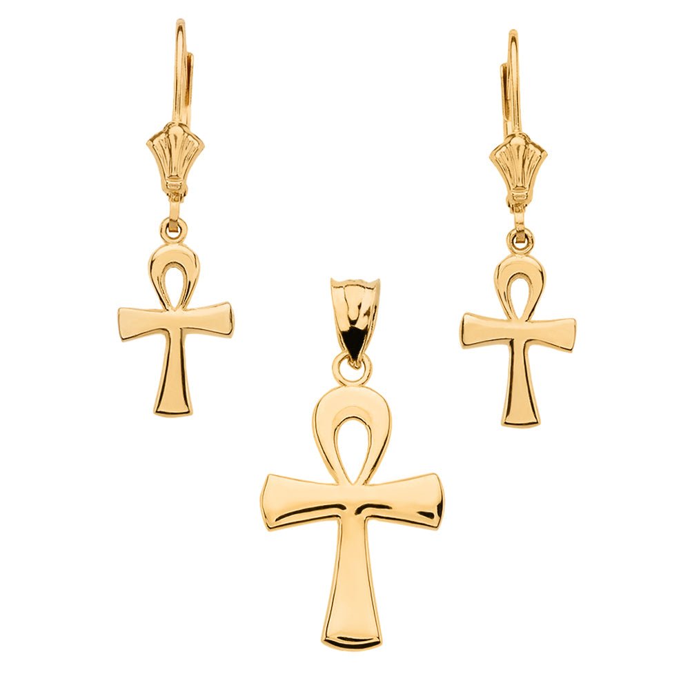 14K Gold Egyptian Ankh Polished Necklace Earring Set, view 2