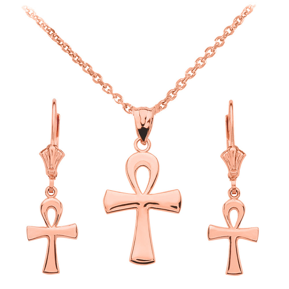 14K Gold Egyptian Ankh Polished Necklace Earring Set, view 3