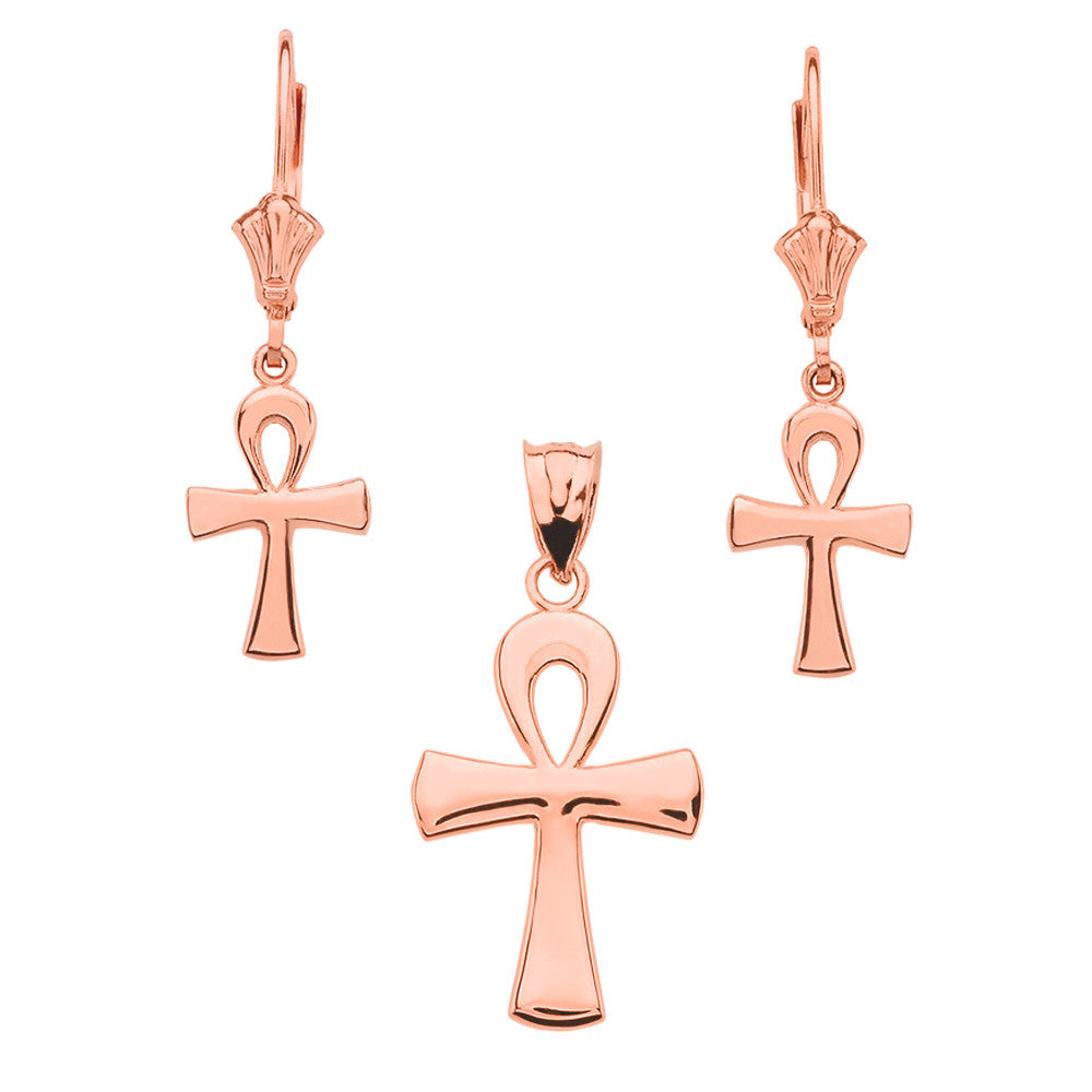 14K Gold Egyptian Ankh Polished Necklace Earring Set, view 4
