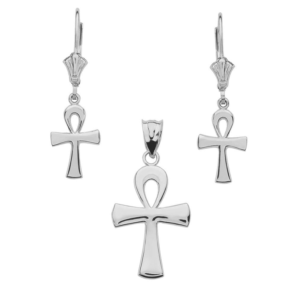 14K Gold Egyptian Ankh Polished Necklace Earring Set, view 5