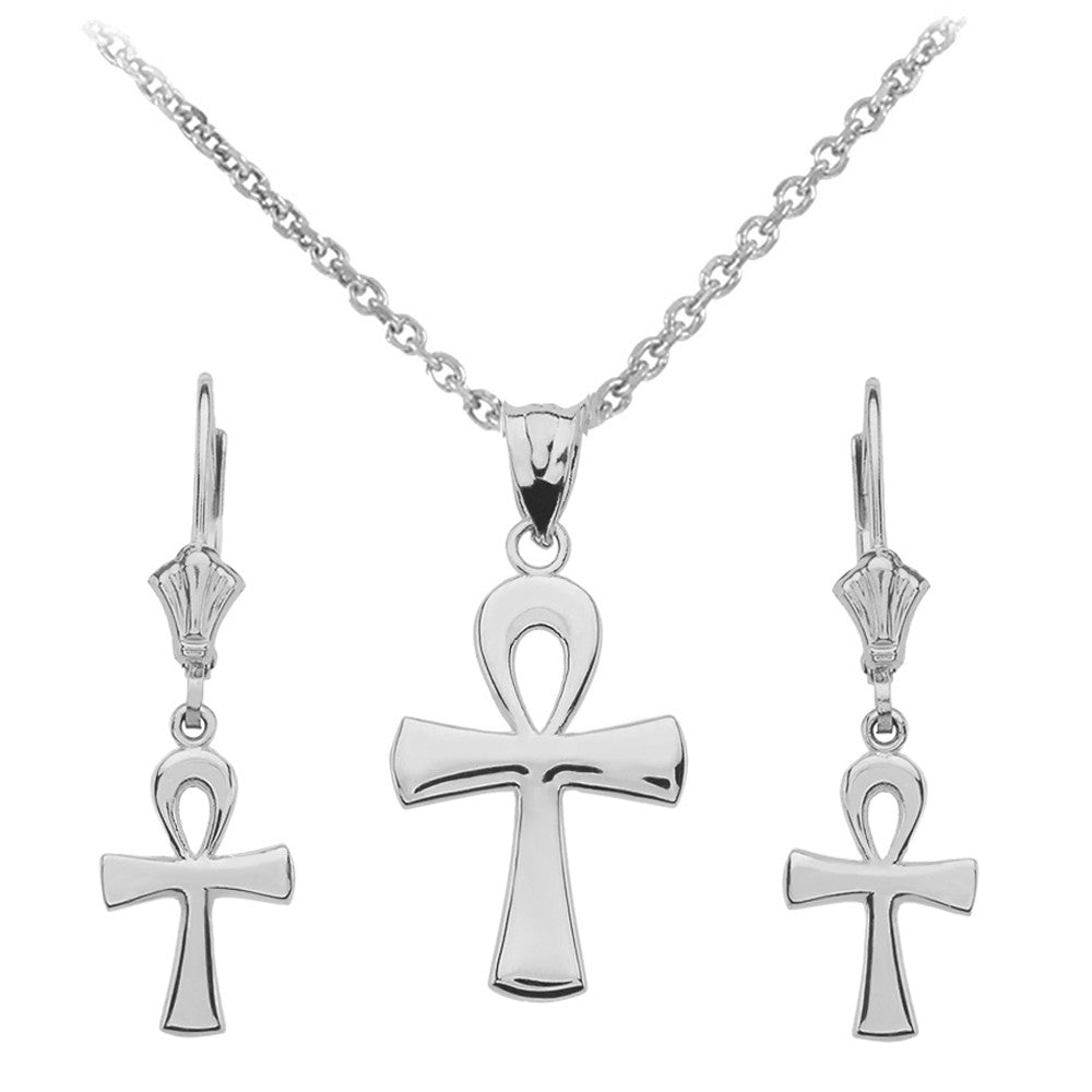 14K Gold Egyptian Ankh Polished Necklace Earring Set, view 6