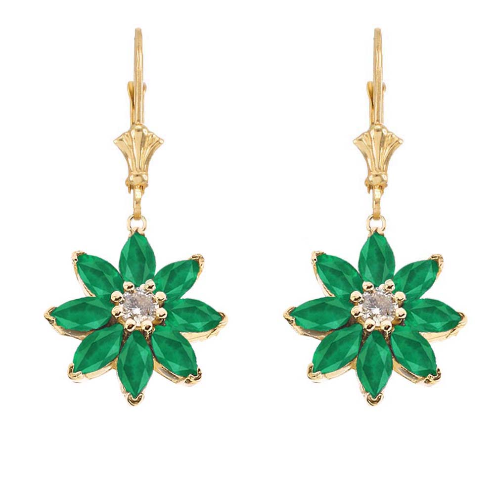 14K Gold Emerald and Diamond Daisy Leverback Earrings