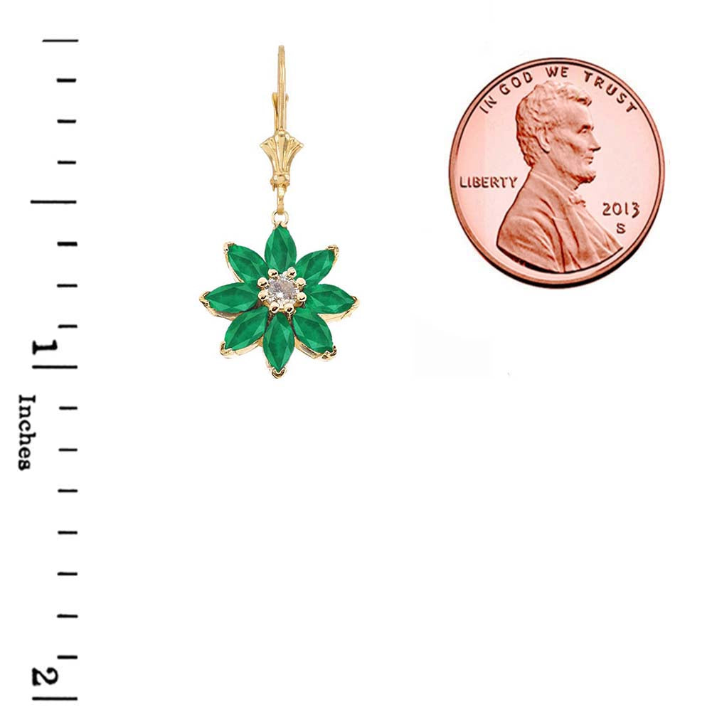 14K Gold Emerald and Diamond Daisy Leverback Earrings, view 2