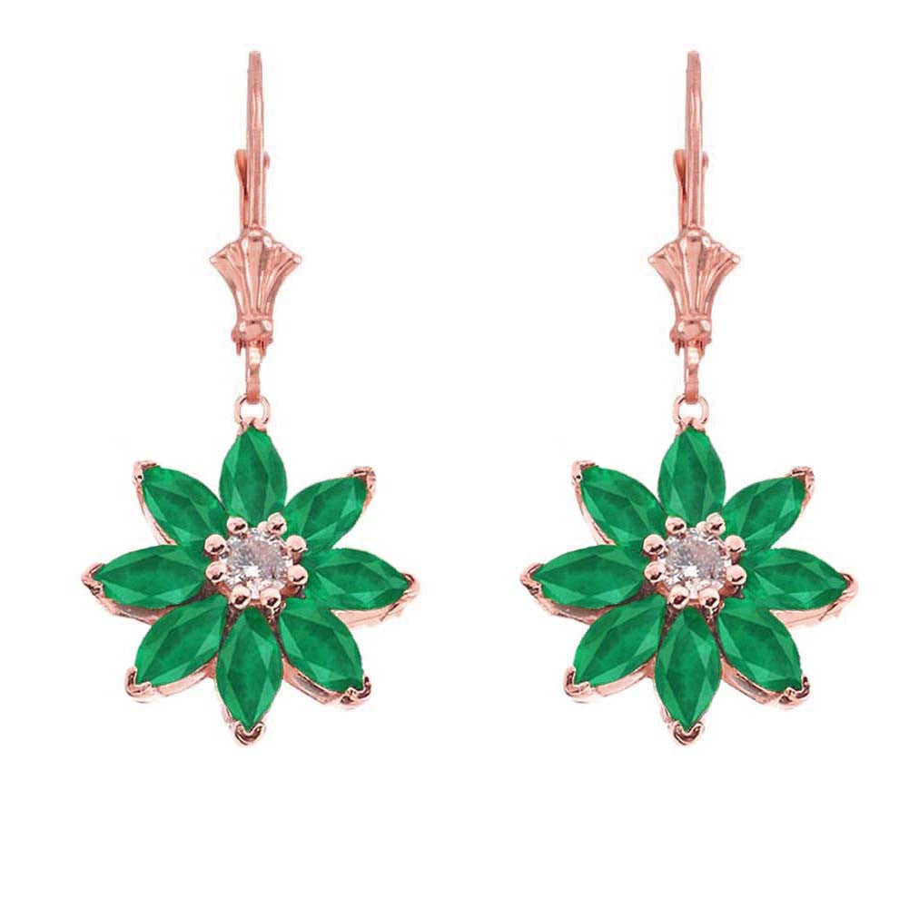 14K Gold Emerald and Diamond Daisy Leverback Earrings, view 3