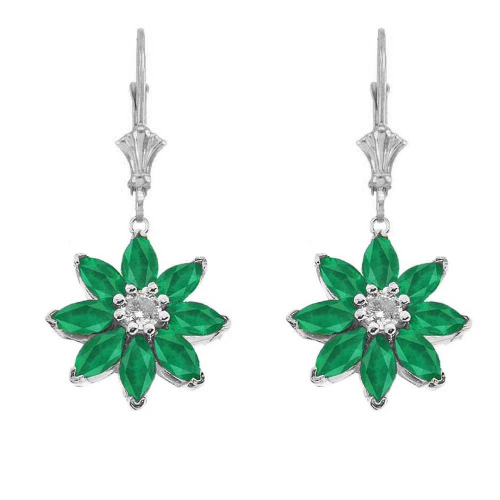 14K Gold Emerald and Diamond Daisy Leverback Earrings, view 4