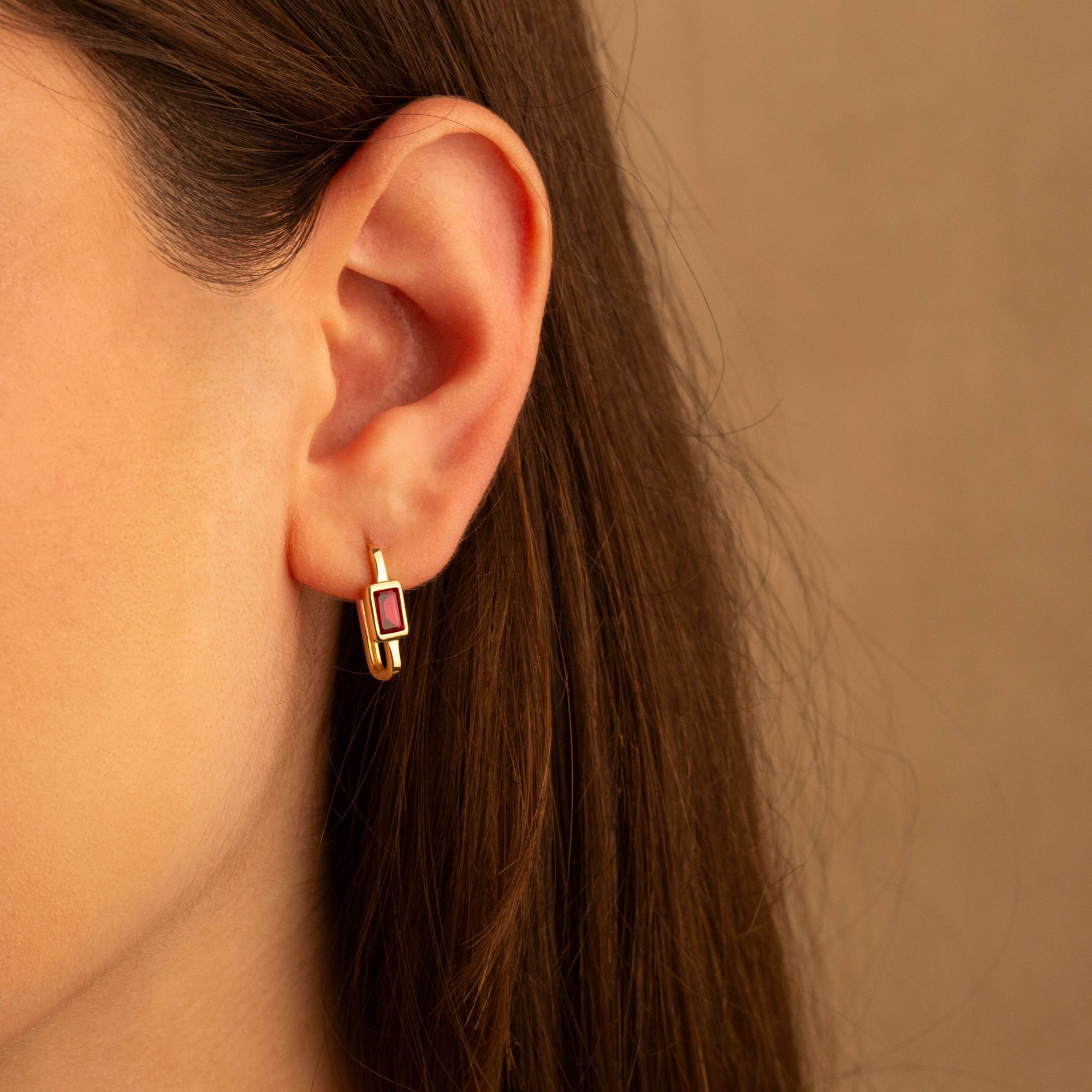 14K Gold Emerald Cut Ruby Birthstone Square Hoop Earrings, view 2