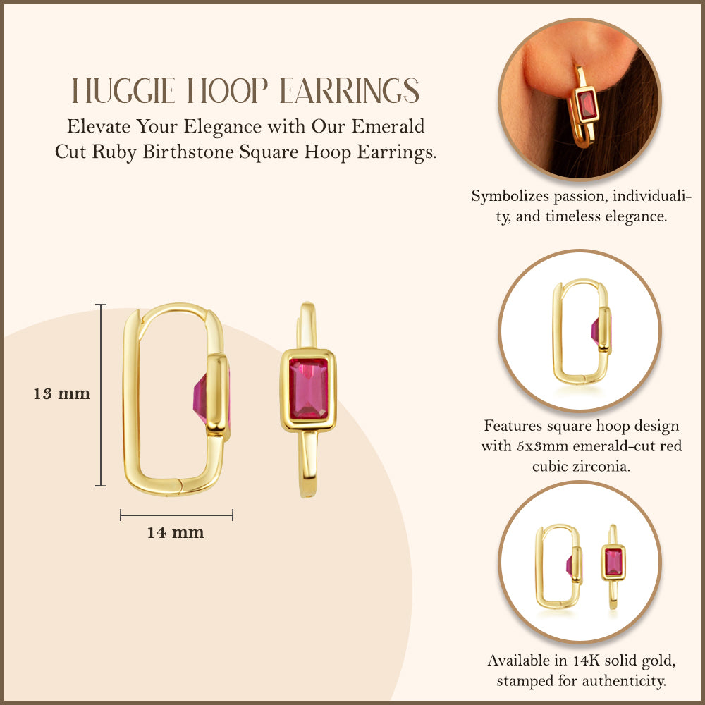 14K Gold Emerald Cut Ruby Birthstone Square Hoop Earrings, view 3