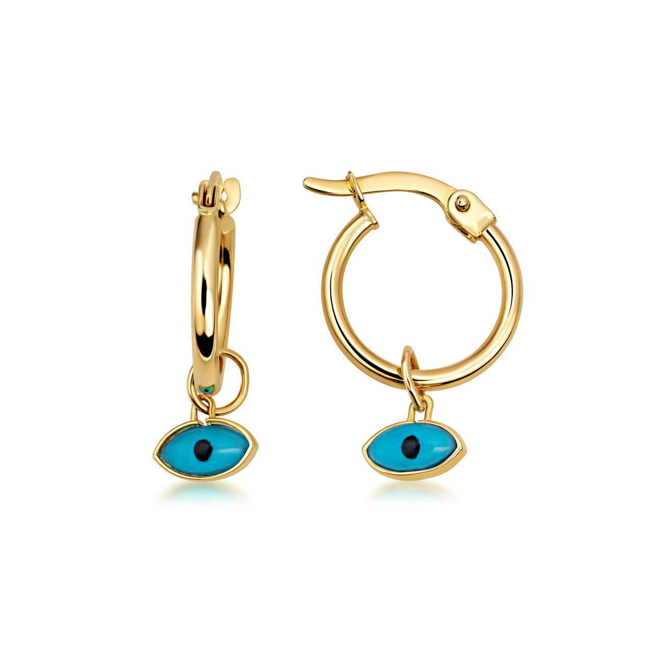 14K Gold Evil Eye Protection Dangle Hoop Earrings