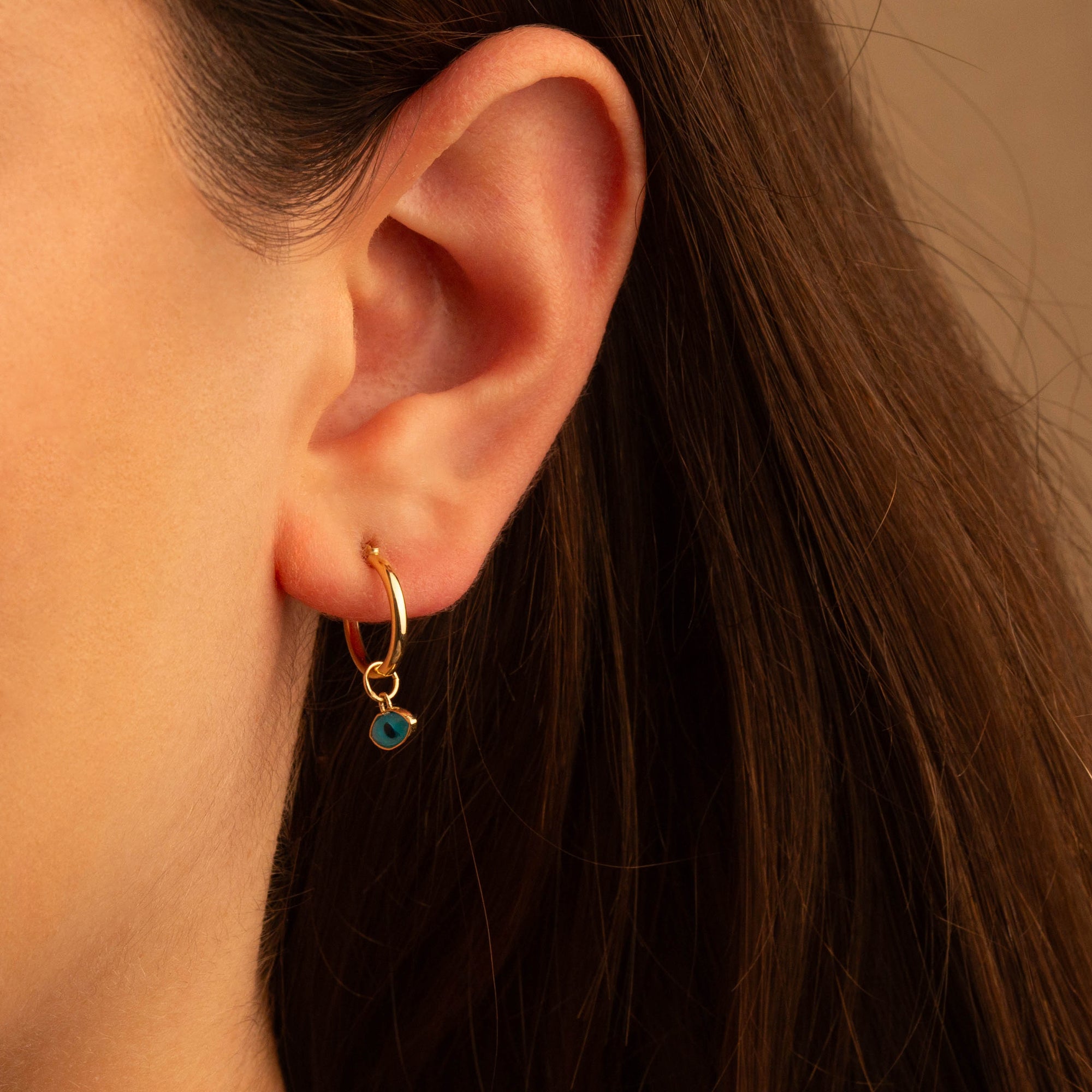 14K Gold Evil Eye Protection Dangle Hoop Earrings, view 2