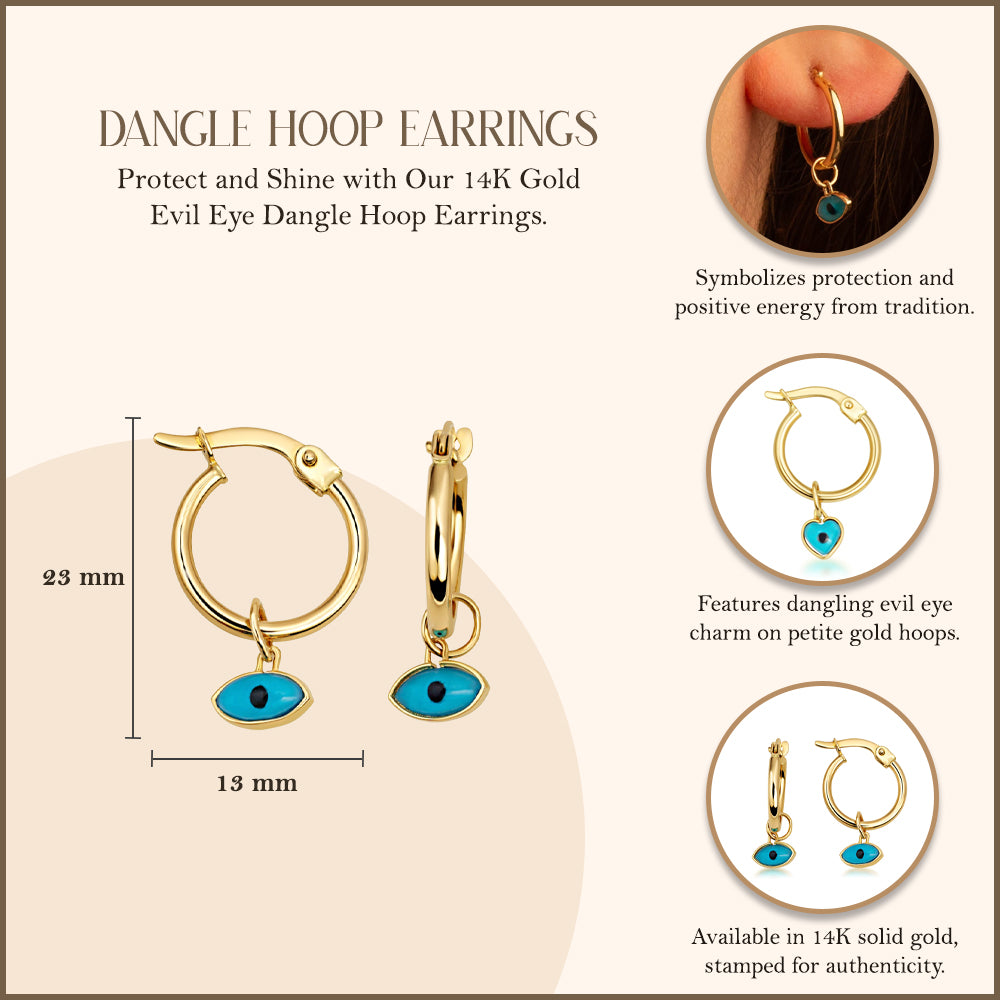 14K Gold Evil Eye Protection Dangle Hoop Earrings, view 3