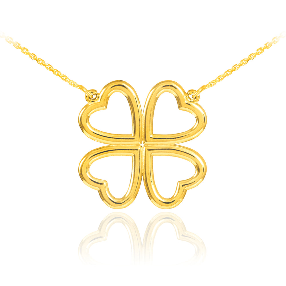 14K Gold Four Leaf Heart Clover Lucky Charm Necklace