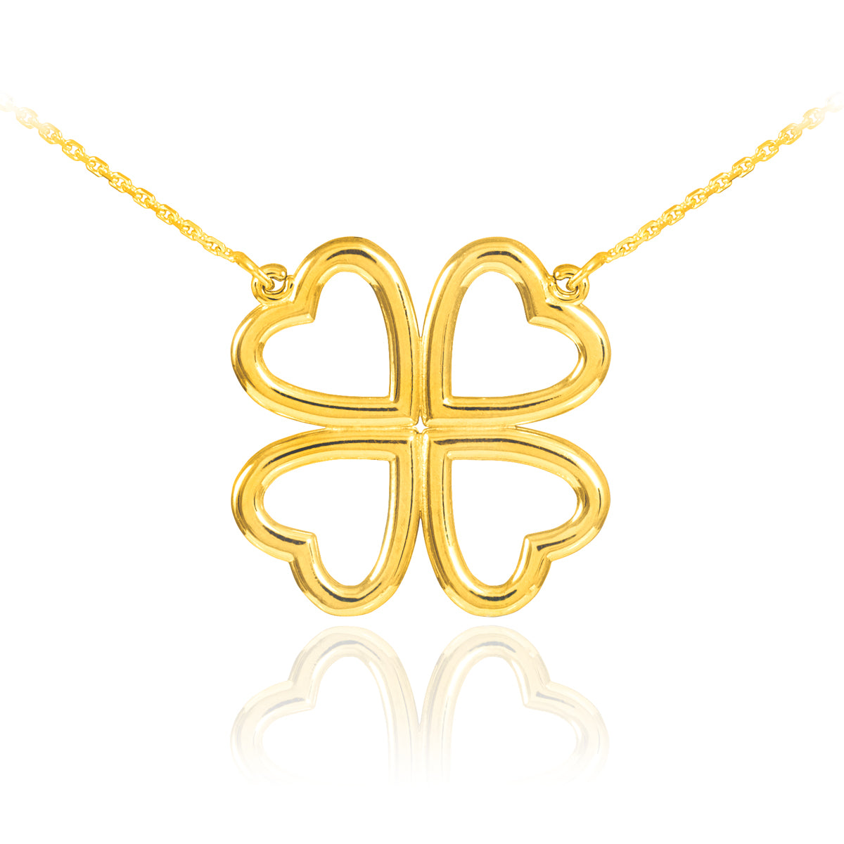 14K Gold Four Leaf Heart Clover Lucky Charm Necklace