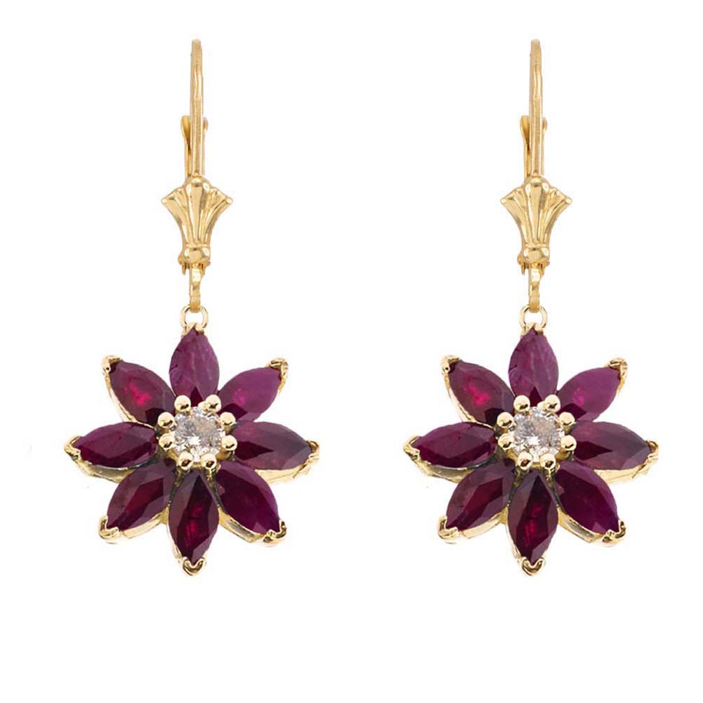 14K Gold Genuine Ruby and Diamond Daisy Leverback Earrings