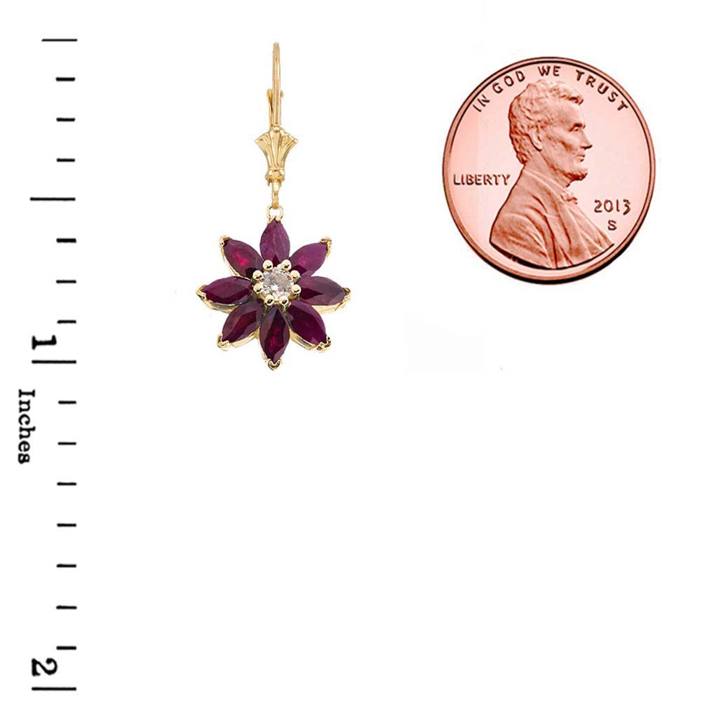 14K Gold Genuine Ruby and Diamond Daisy Leverback Earrings, view 2