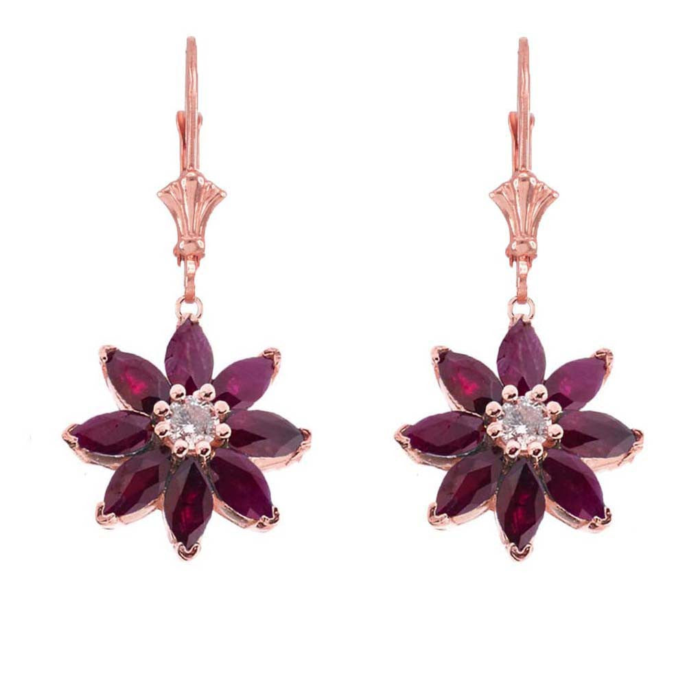 14K Gold Genuine Ruby and Diamond Daisy Leverback Earrings, view 3