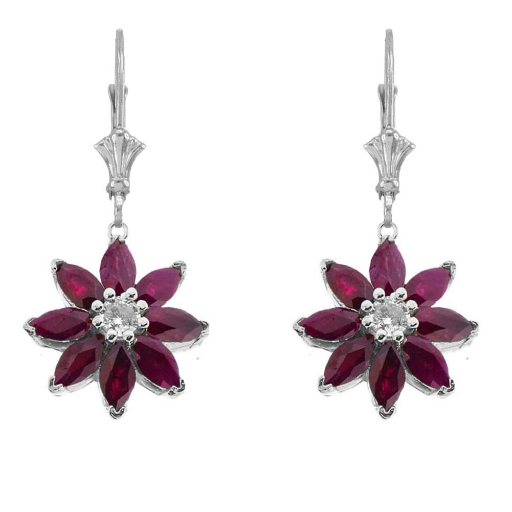 14K Gold Genuine Ruby and Diamond Daisy Leverback Earrings, view 4
