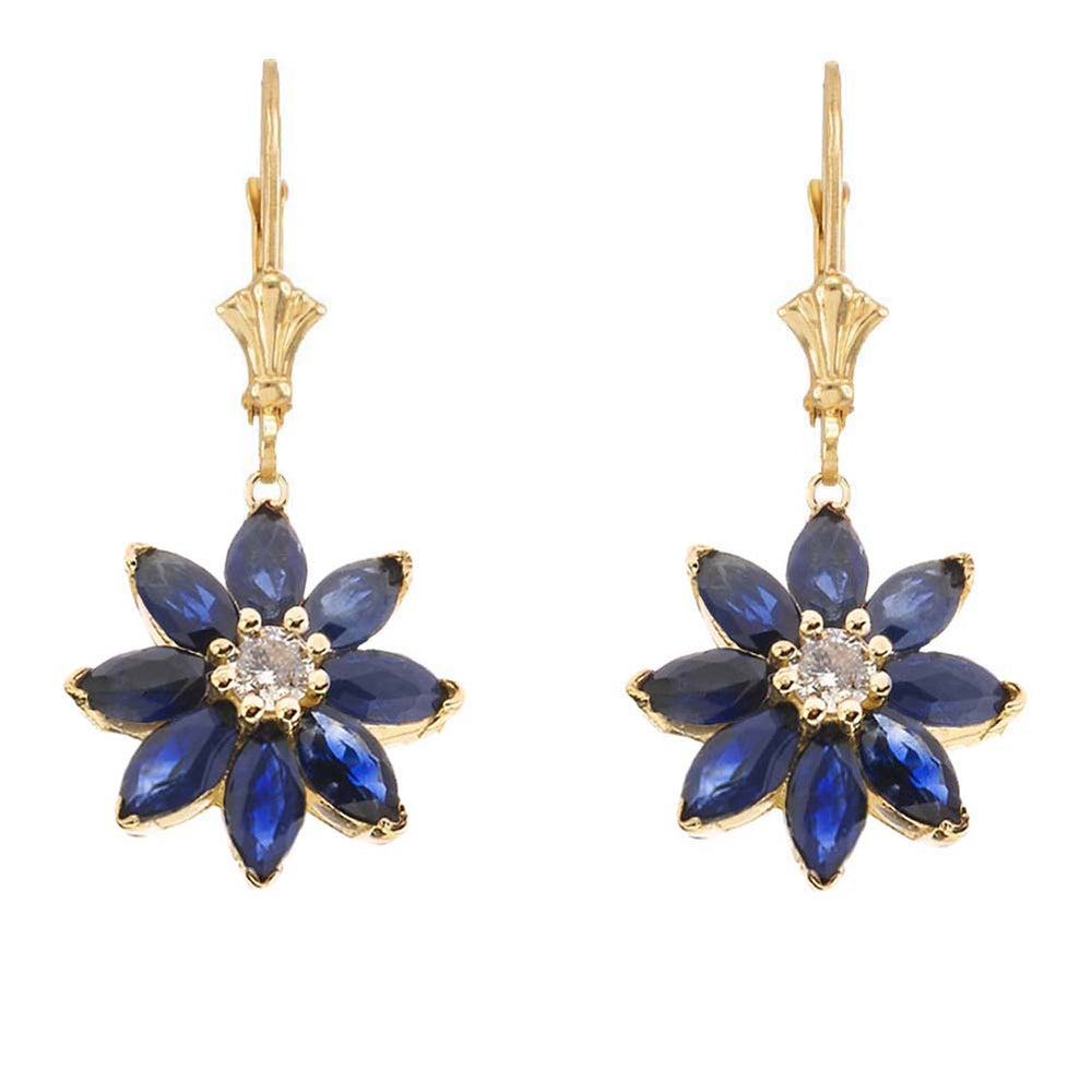14K Gold Genuine Sapphire and Diamond Daisy Leverback Earrings