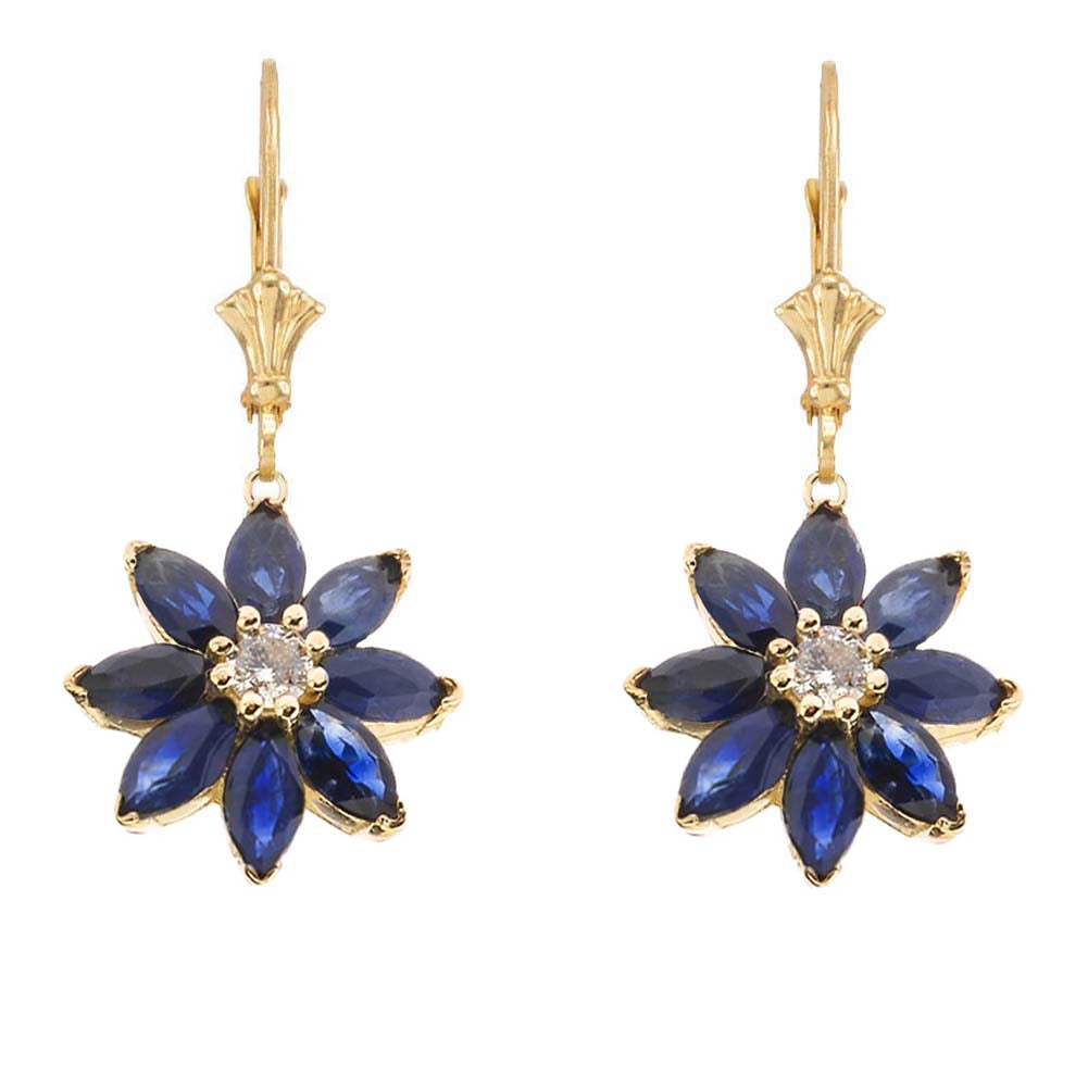14K Gold Genuine Sapphire and Diamond Daisy Leverback Earrings