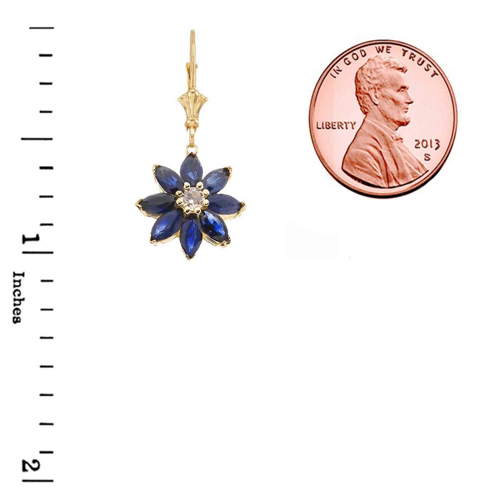 14K Gold Genuine Sapphire and Diamond Daisy Leverback Earrings, view 2