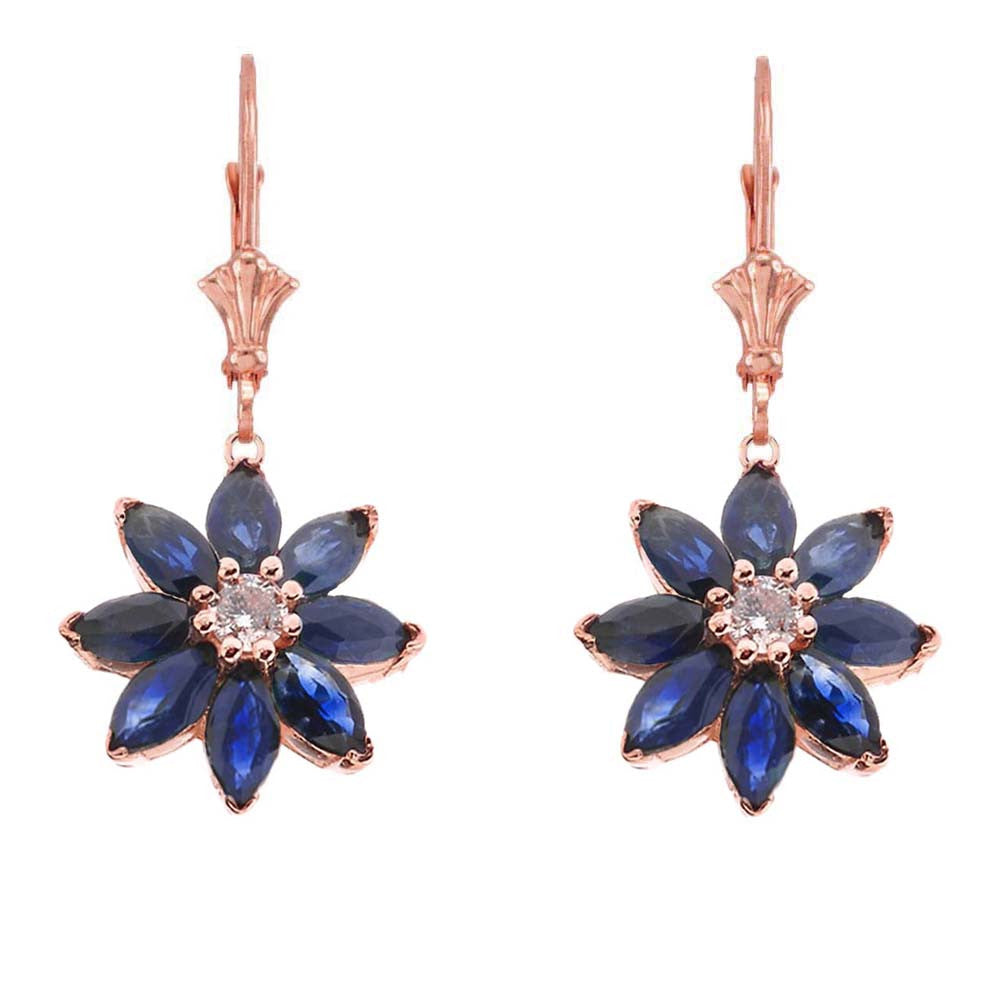 14K Gold Genuine Sapphire and Diamond Daisy Leverback Earrings, view 3