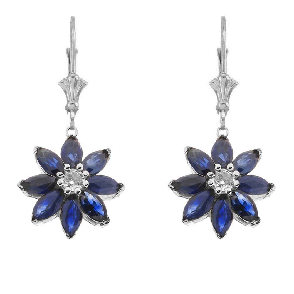 14K Gold Genuine Sapphire and Diamond Daisy Leverback Earrings, view 4