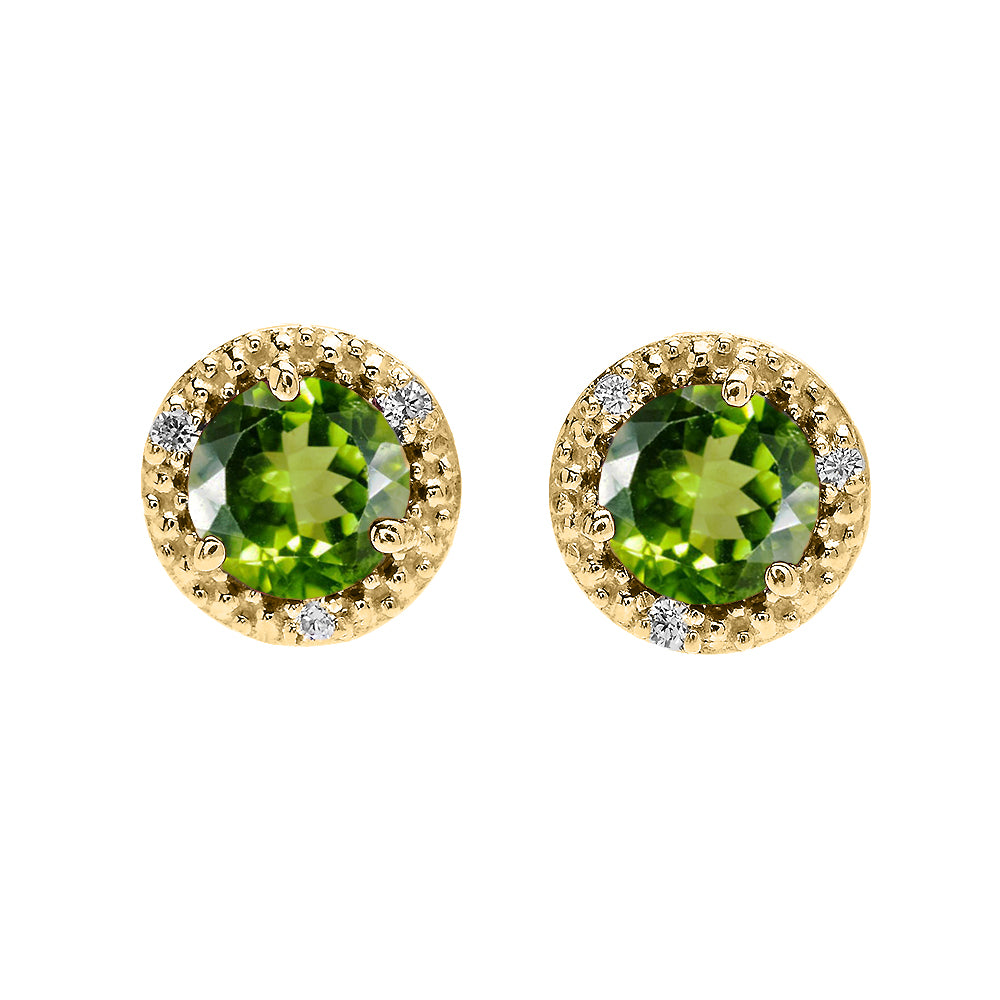 14K Gold Halo Stud Earrings with Solitaire Peridot and Diamonds