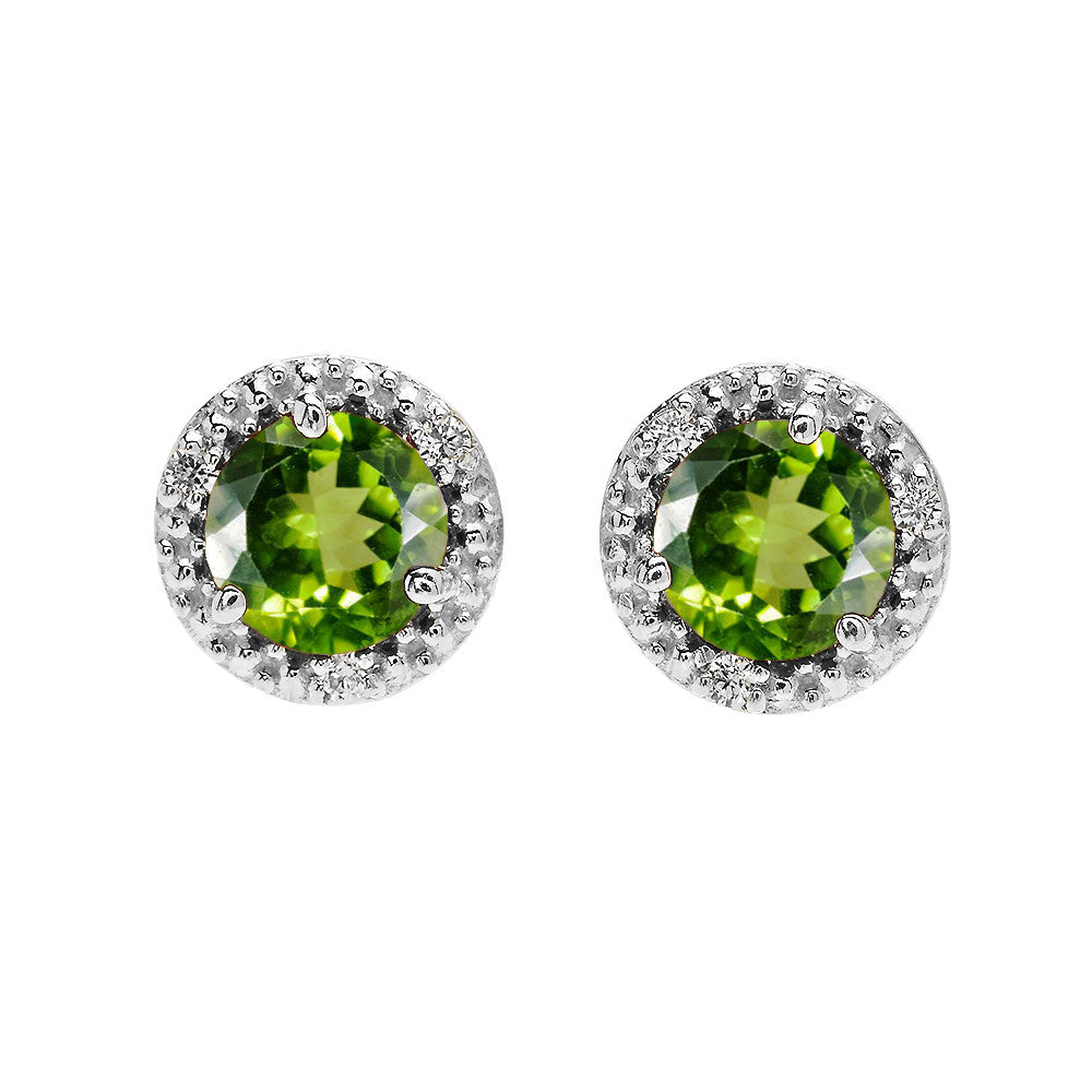 14K Gold Halo Stud Earrings with Solitaire Peridot and Diamonds, view 2