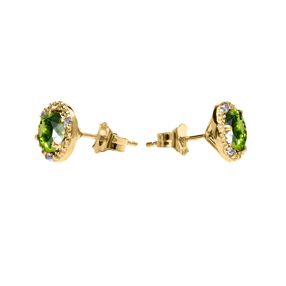 14K Gold Halo Stud Earrings with Solitaire Peridot and Diamonds, view 3